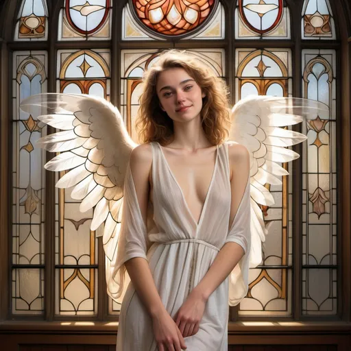 Prompt: a dynamically posed with a comedic apologetic shrug, uncertainly smiling  angelic young woman age18, slim and sweet, uncertain and embarrassed, beautiful and youthfully appealing in translucent linen cloth with faint halo over head, angelic feathery wings on her back, standing in front of a stained glass window, a detailed painting