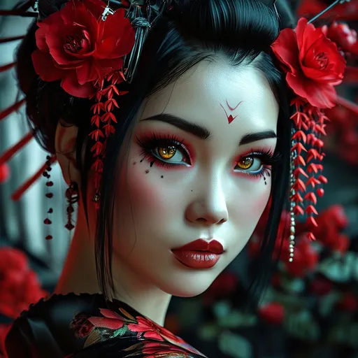 Prompt: wide angle view HD Realistic Photo of a beautiful Asian goth geisha woman, dark black hair, dark red flowers in her hair, tattoos, piercing, lace, and satin, perfect detailed face, detailed symmetric hazel eyes with circular iris, princess eyes, realistic, stunning realistic photograph, 3d render, octane render, intricately detailed, cinematic, trending on art station, Isometric, Centered hyperrealistic cover photo, awesome full color, hand drawn, dark, gritty, 64k, high definition, cinematic, neoprene, portrait featured on unsplash, stylized digital art, smooth, ultra high definition, 8k, unreal engine 5, ultra sharp focus, intricate artwork masterpiece, ominous, epic, trending on artstation, highly detailed, vibrant