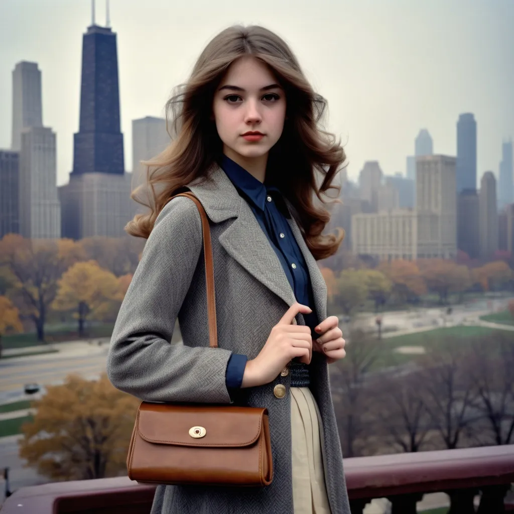 Prompt: (realistic image set in Chicago 1970's),  (girl age:18, Slim, cute, beautiful, shy), (1970’s hair style), (dressed in period college girl’s for the ‘70’s outfit), posed holding a  purse, period city background, misty morning, (rich textures), (soft lighting), (ultra-detailed), 4k quality, opulent decor.