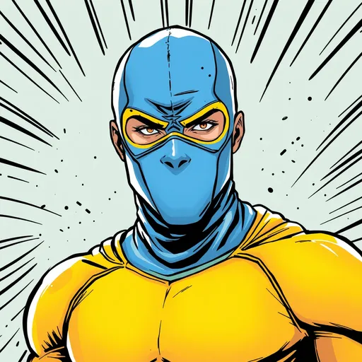 Prompt: comic book style image, male superhero in a  bright tight superhero outfit with a tight fitting head covering superhero mask (((covering hair, head, and face))), with glowing eye holes, comic book themed background.  Hand drawn, inked, and colored style.