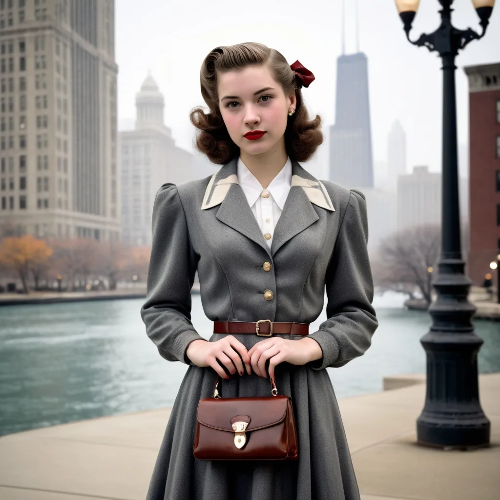 Prompt: (realistic image set in Chicago 1940's),  (girl age:18, Slim, cute, beautiful, shy), (1940’s hair style), (dressed in period college girl’s for the ‘40’s outfit), posed holding a purse, period city background, misty morning, (rich textures), (soft lighting), (ultra-detailed), 4k quality, opulent decor.