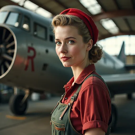 Prompt: High resolution Life like color photographic image of Rosie the riveter in a 1940’s aircraft factory, standing next to an aircraft under construction.