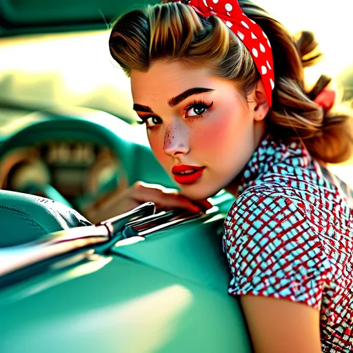 Prompt: Torso close up view of High School Senior Girl in 1950's, leaning against a hot rod in school parking lot, Face highly detailed (freckles, cute, slim, beautiful), preppy style (circle skirt, Bobby Socks, and saddle shoes), (hair in slicked back pony tail), tight blouse,  hair band, mischievous gaze, natural lighting, soft pastel colors, detailed eyes, playful, carefree, highres, natural, whimsical, comfortable