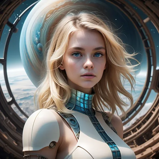 Prompt: background: fantastical outer space horizon, fantasy gas giant planet in sky, Sci-fi, glass architecture, unreadable blueprints, cross-sections.
Foreground: blonde beautiful girl Alice, (highly detailed facial features), perfect voluminous body, detailed masterpiece 
