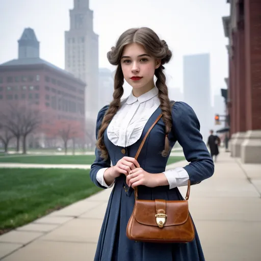 Prompt: (realistic image set in Chicago 1910's),  (girl age:18, Slim, cute, beautiful, shy), (1910’s hair style), (dressed in period college girl’s for the ‘1910’s outfit), posed holding a purse, period city background, misty morning, (rich textures), (soft lighting), (ultra-detailed), 4k quality, opulent decor.