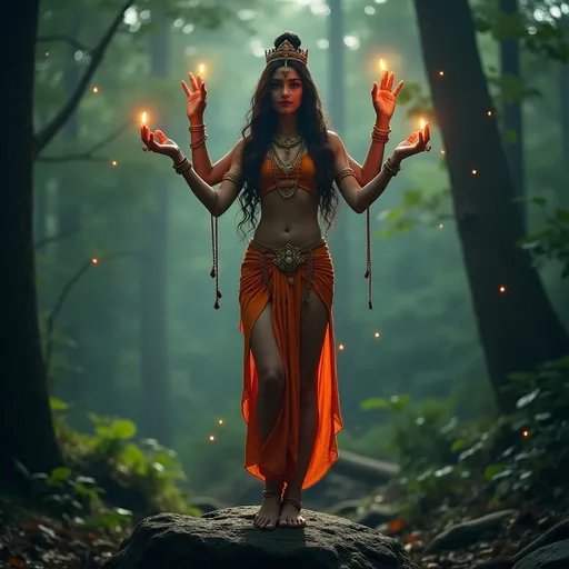 Prompt: A close up of a full body view, A realistic photo of a young slim and cute woman dressed as Ma Kali standing with one foot on a rock, her four arms, held aloft in gestures of prayer and devotion.  The forest around her is lush and vibrant, with fireflies illuminating the scene and creating a mystical atmosphere.