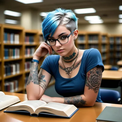 Prompt: High resolution photographic imag in high definition
background: college library reading room 
Foreground: a slim featured cute 18-year-old college girl with short bright blue hair, glasses, adorned with tattoos on arms, neck, and chest, dynamically posed reading a book in a cozy library, highly detailed facial features with a focused expression, focused studying, vibrant and youthful, high quality, vibrant colors, detailed tattoos, cozy library ambiance, youthful appearance, bright blue hair, slim build, detailed tattoos, bookworm, comfortable lighting
