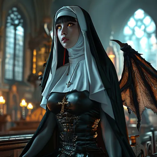 Prompt: Full body side view, a Demoness in nun’s Habit, (slim, beautiful, large eyes), (large wide demonic wings spread wide behind her), kneeling at alter in dynamic pose, praying, ((glancing to side to look at viewer)) (((while praying))), dark gothic atmosphere, fantasy setting, high res photographic quality, 4K resolution, celestial lighting as background illuminating demoness.