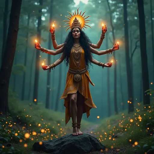 Prompt: A realistic photo of a woman dressed as Ma Kali standing with one foot on a rock, her four arms, held aloft in gestures of prayer and devotionThe forest around her is lush and vibrant, with fireflies illuminating the scene and creating a mystical atmosphere.