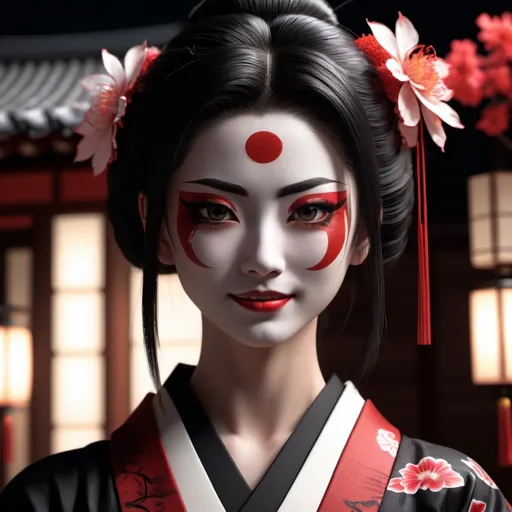 Prompt: 3/4 body view, HD photorealistic image of a slim and athletic gorgeous, goth 18-year-old geisha assassin, broad knowing smile, Perfect Face, black and red kimono, white face paint, Yakuza tattoos, zen garden at night, high quality, Detailed face, photorealistic, black and red kimono, night scene, dramatic lighting,  hypersonic, 8k, stunning quality, octane render, sharp focus, studio photo, intricate details, highly detailed, HDR, UHD, high res, 64k, cinematic lighting, special effects, hd octane render, professional photograph, studio lighting,