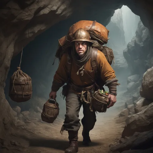 Prompt: A high resolution digital image of A fantasy adventurer’s henchman, carrying an oversized burden on his back consisting of many bags and chests and other items tied to a frame.  He wears a pot as a helmet.  Standing at the mouth of a cave looking scared.