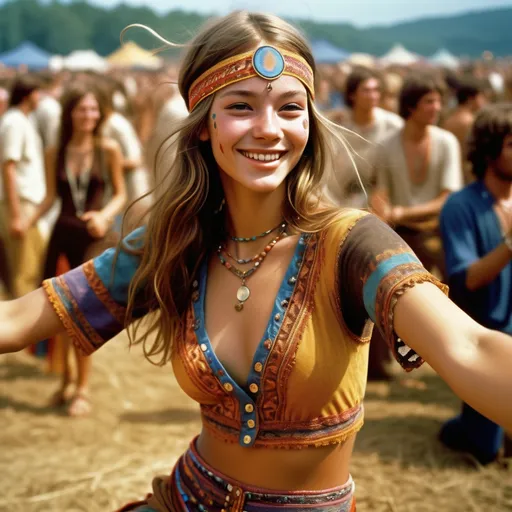 Prompt: photorealistic, high resolution, a (cute) age20 girl at Woodstock festival, dancing in a dynamic pose, elaborate detailed facial features, her expression of ((calm ecstatic bliss,)) emulating the hippie spirit, vibrant colors, psychedelic attire, crowded atmosphere with a (packed sea of people) seated, backdrop filled with lively performances, warm and sunny ambiance, showcasing (entrancing beauty), capturing the essence of youth and freedom, ultra-detailed.