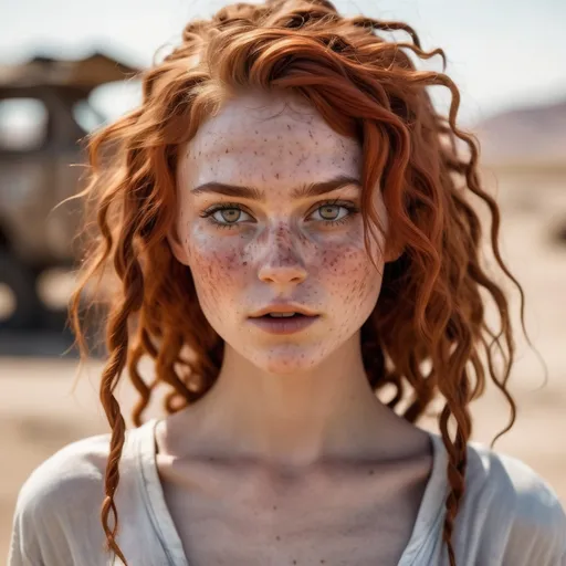 Prompt: Wasteland setting reminiscent of the movie Fury Road.  a (beautiful, perfect slim  youthful and cute girl) with a slender soft build and fair skin with freckles. Her highly detailed face and skin are defined by thin but soft features, with large wide expressive eyes.  Her dusty red hair has wavy curls and is unkempt. She wears a simple, flowing white garment made of thin transparent fabric, which is draped loosely around her body. The outfit is minimal, designed to be functional.

She maintains an innocent, lost expression of wonder, a clean, almost ethereal appearance, standing out against the rugged, apocalyptic landscape. 

The setting should feel gritty and industrial, with her figure and white clothing creating a visual contrast to the dark, muted tones of the world she inhabits.