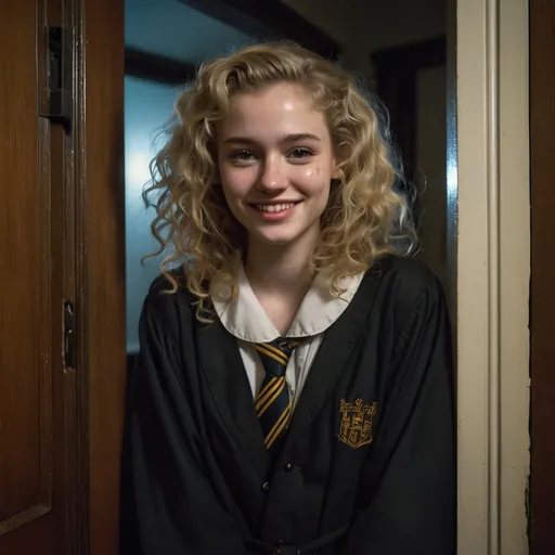 Prompt: Nighttime in an old English college dormitory, view looking into a girl’s dorm room.  Full body closeup.  Young woman with bushy blonde curls, highly detailed facial features with a shy expression, pale skin dotted with light freckles and hazel eyes wearing a school tie black academic robes.
((( Leaning against an old English college dorm room doorway))), smiling shyly at viewer.  Dark wood walls and door, old English atmosphere.