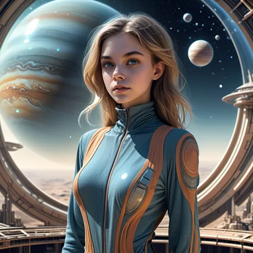 Prompt: background: fantastical outer space horizon, fantasy gas giant planet in sky, Sci-fi, glass architecture, unreadable blueprints, cross-sections.
Foreground: beautiful age18 girl, (highly detailed facial features), perfect voluminous body, cloth jumpsuit, detailed masterpiece 