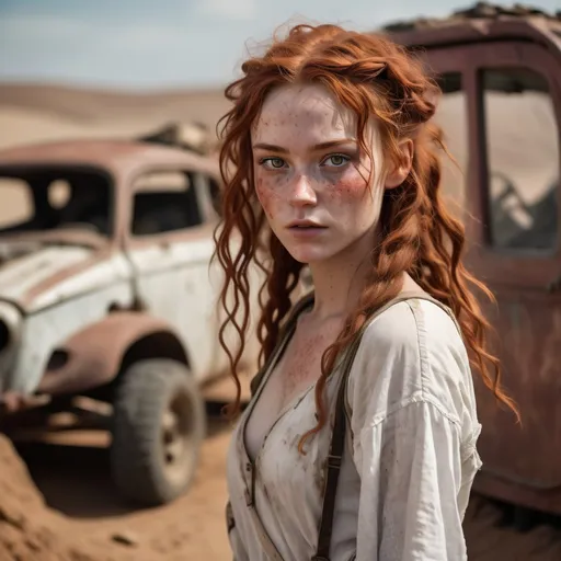 Prompt: Wasteland setting reminiscent of the movie Fury Road.  a (beautiful, perfect slim  youthful and cute girl) with a slender soft build and fair skin with freckles. Her highly detailed face and skin are defined by thin but soft features, with large wide expressive eyes.  Her dusty red hair has wavy curls and is unkempt. She wears a simple, flowing white garment made of thin transparent fabric, which is draped loosely around her body. The outfit is minimal, designed to be functional.

She maintains an innocent, lost expression of wonder, a clean, almost ethereal appearance, standing out against the rugged, apocalyptic landscape. 

The setting should feel gritty and industrial, with her figure and white clothing creating a visual contrast to the dark, muted tones of the world she inhabits.