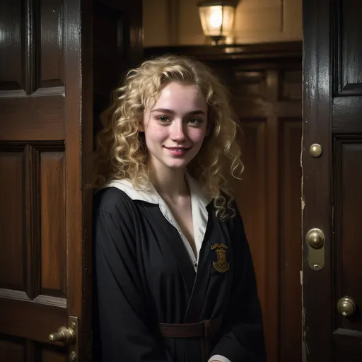 Prompt: Nighttime in an old English college dormitory.  Full body closeup.  Young woman with bushy blonde curls, highly detailed facial features with a shy expression, pale skin dotted with light freckles and hazel eyes wearing a school tie black academic robes.
((( Leaning against an old English college dorm room doorway))), smiling shyly at viewer.  Dark wood walls and door, old English atmosphere.