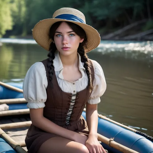 Prompt: River bank scene, highrez photo, 1girl 21-years-old, dressed like female Huckleberry Finn, {{{highly detailed facial features and skin with light freckles}}}, ((gazing sidelong directly at viewer with shy curious expression)), black hair, large blue eyes, braid, dynamic active pose poling a raft along river bank, hat, disheveled clothing {denim overall  and short skirt }, wide lips, straw hat