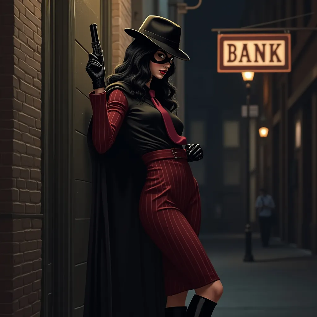 Prompt: Graphic noir pulp style heroine.   Tall beautiful with long black hair, wearing a black fedora, mask covering eyes, highly detailed facial features, dark cape, maroon pin-striped suit with pencil skirt & black blouse, crimson tie, black knee-length boots, holding a gun, (leaning against an alley wall at night in the shadows) outside a bank 1920’s era urban nightscape, sharp focus, atmosphere of dark suspense and danger, dramatic scene, high detail & quality, 8k, film noir vibe, cinematic digital imagery.