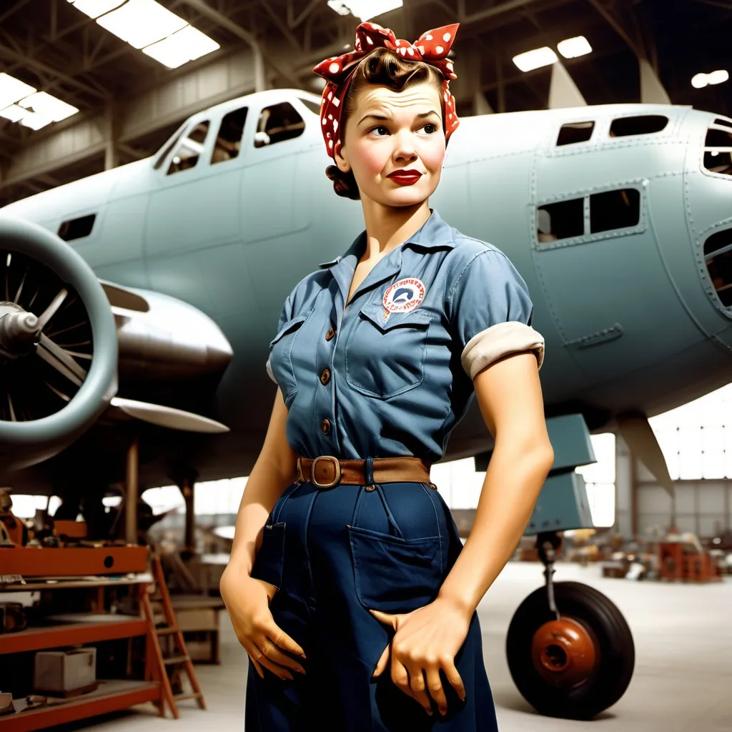 Prompt: High resolution Life like color photographic image of Rosie the riveter in a 1940’s aircraft factory, standing next to an aircraft under construction.