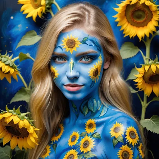 Prompt: Beautiful young Age:18 girl with entire body painted blue, athletic build, Face painted blue with sunflowers painted around eyes, Van Gogh's 'sunflowers' depicted on body, background Van Gogh painting, long blond hair, bright blue eyes, shy smile, highres, detailed body painting, impressionist, vibrant colors, gentle lighting