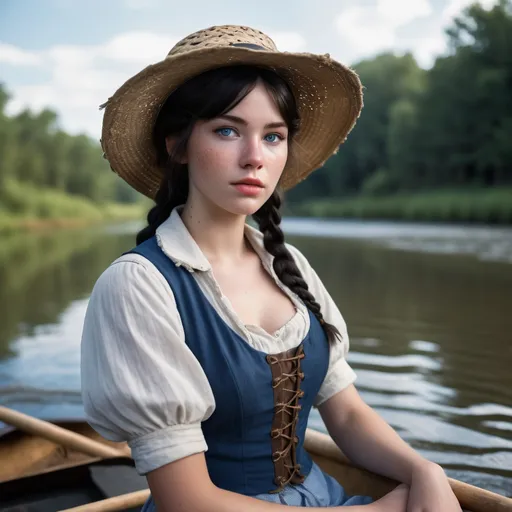 Prompt: River bank scene, highrez photo, 1girl 21-years-old, dressed like female Huckleberry Finn, {{{highly detailed facial features and skin with light freckles}}}, ((gazing sidelong directly at viewer with shy curious expression)), black hair, large blue eyes, braid, dynamic active pose poling a raft along river bank, hat, disheveled clothing {denim overall  and short skirt }, wide lips, straw hat