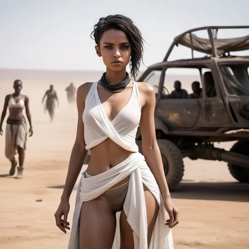 Prompt: Wasteland setting reminiscent of the movie Fury Road.  a (beautiful, perfect athletic and cute girl) with a slender, athletic build and brown skin. Her dusty  black hair is shaved short and tightly curled. She wears a simple, flowing white garment made of thin transparent fabric, which is draped loosely around her body. The outfit is minimal, designed to be functional.

Her highly detailed face and skin are defined by thin but soft features, with round expressive eyes. She maintains a clean, almost ethereal appearance, standing out against the rugged, apocalyptic landscape. 

The setting should feel gritty and industrial, with her figure and white clothing creating a visual contrast to the dark, muted tones of the world she inhabits.