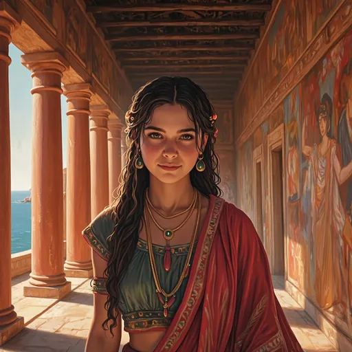 Prompt: The image is a digital oil-style painting portrait of A young teenage age18  Minoan princess in ancient clothing, dynamically strolling through the bright red pillared and colorfully painted frescoes of the palace at Knossos with the blue Mediterranean Sea in the background. Her gaze is shy, smiling and welcoming with striking eyes and olive Mediterranean skin. She wears ancient Minoan dress, with Minoan jewelry and imagery. The lighting is soft and moody, evoking chiaroscuro tones and an ancient world cinematic ambiance. The style is painterly, blending dark fairytale themes with Renaissance portraiture. Atmosphere is intimate, slightly surreal, and filled with silent tension. --v 5 --style cinematic --lighting chiaroscuro --focus eyes --mood mysterious --texture rich
