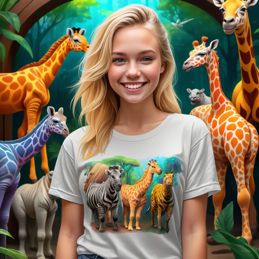 Prompt: (Highly detailed photorealistic digital painting), smiling blonde (well-endowed) young woman, wearing oversized t-shirt, dynamically posed standing gracefully by a colorful zoo exhibit, infused with (fantasy/whimsical elements), ultra-detailed atmospheric (rich textures, ambiance and vivid colors)