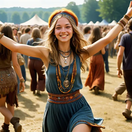 Prompt: photorealistic, high resolution, a (cute) age20 girl at Woodstock festival, dancing in a dynamic pose, elaborate detailed facial features, her expression of ((calm ecstatic bliss,)) emulating the hippie spirit, vibrant colors, psychedelic attire, crowded atmosphere with a (packed sea of people) seated, backdrop filled with lively performances, warm and sunny ambiance, showcasing (entrancing beauty), capturing the essence of youth and freedom, ultra-detailed.