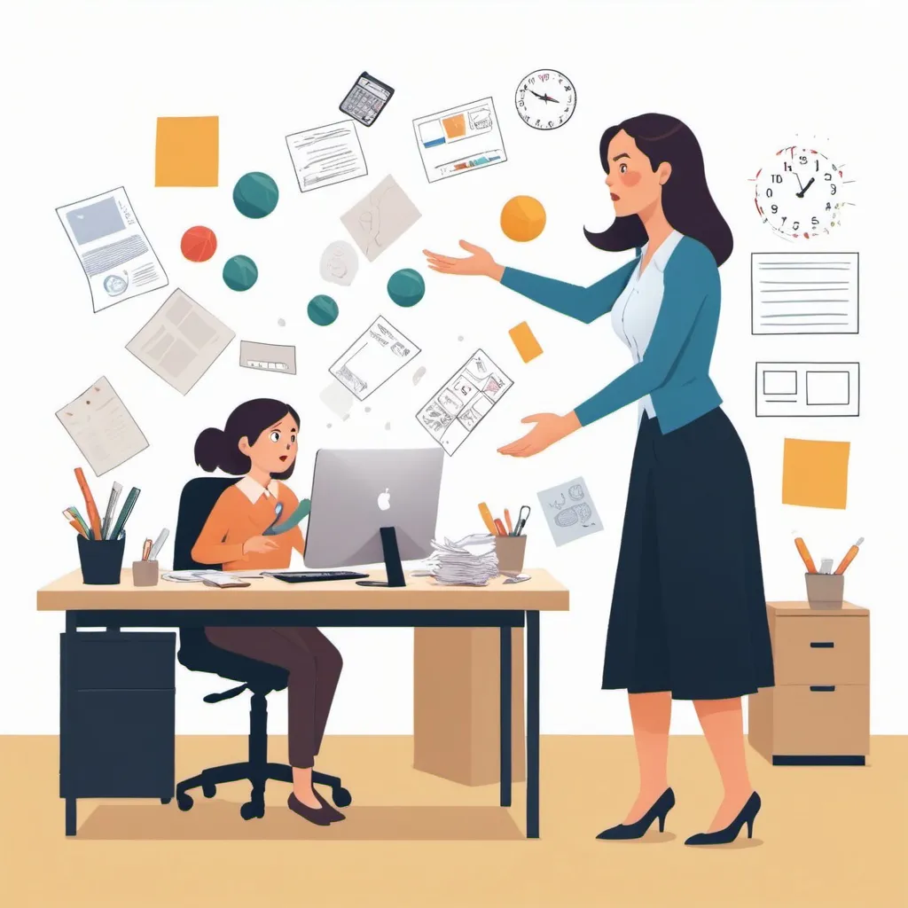 Prompt: Illustration of woman juggling various office tasks and a child, in a horizontal image