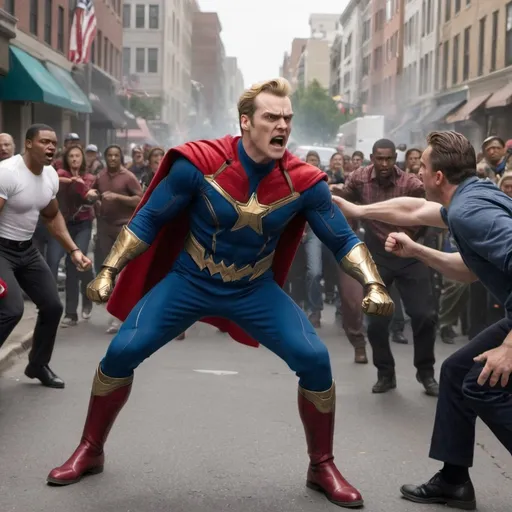 Prompt: Homelander being punched by normal citizens in the street