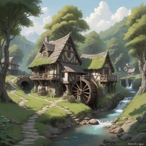 Prompt: a small serene fantasy village on the edge of the woods, small stream, water wheel, lord of the rings, smooth, detailed terrain, oil painting, matte painting, concept art, trending on artstation, by kim jung gi and greg rutkowski, rule of thirds