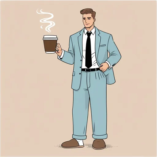 Prompt: "minimalistic cartoon: style business person wearing a business shirt, jacket and tie; pajama pants big fluffy slippers; holding a coffee.