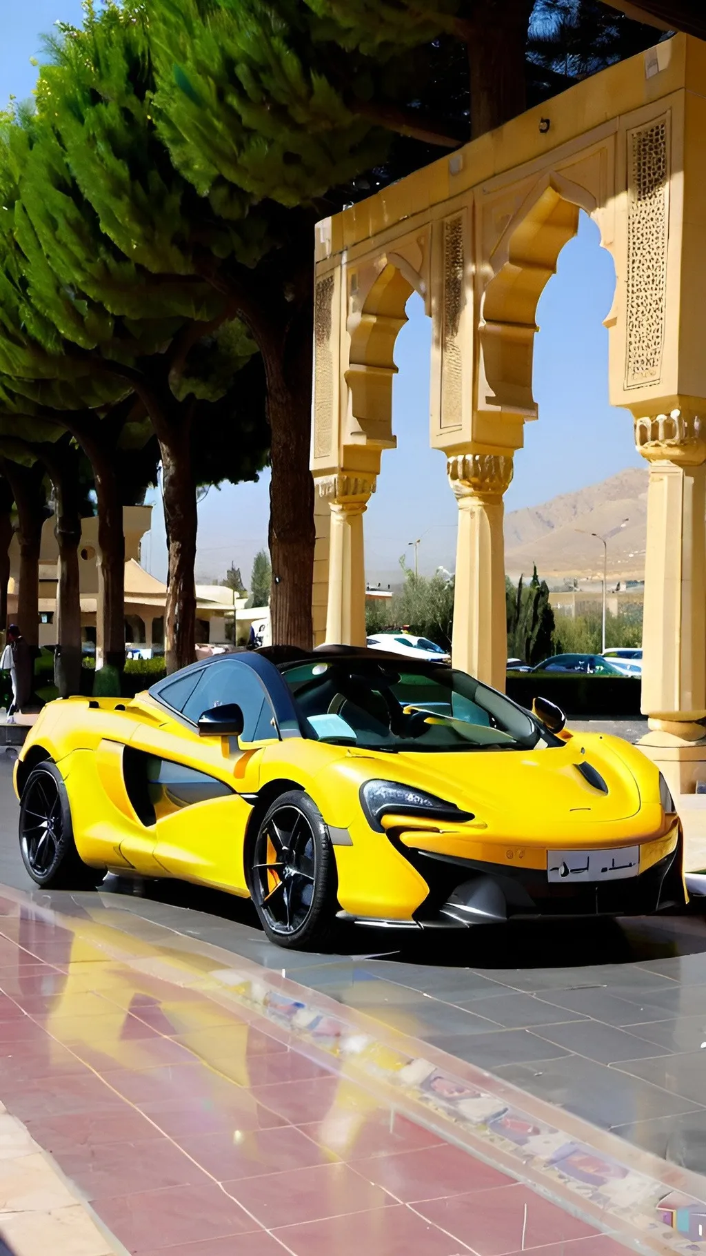 Prompt: A yellow McLaren car in Shiraz 