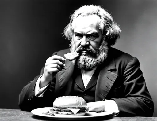 Prompt: Karl marx eating hamburguer