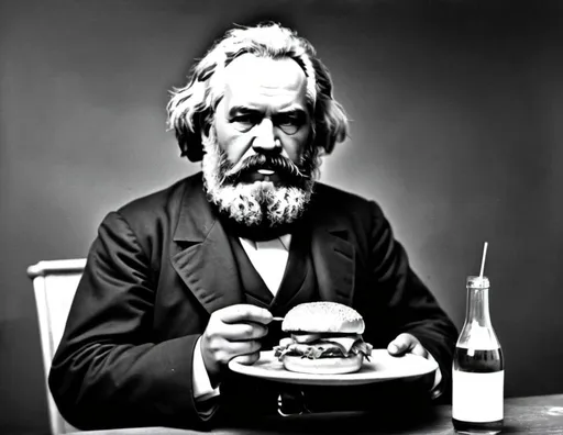 Prompt: Karl marx eating hamburguer