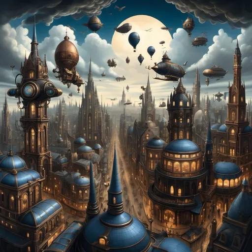 Prompt: depicting a sprawling, fantastical cityscape with a steampunk aesthetic. The layout is a wide panoramic view showcasing a dense array of intricately designed buildings with pointed spires, domes, and elaborate architectural details. The structures are predominantly dark with hints of blue and bronze, creating a moody atmosphere. In the sky, several airships float among the clouds, adding to the steampunk theme. The city is bathed in a soft, diffused light, suggesting either dawn or dusk, with a warm glow emanating from windows and streetlights. Smoke rises from chimneys, contributing to the industrial feel. The foreground features a large, ornate dome with intricate patterns, while the background reveals a vast city stretching into the distance, with towering buildings silhouetted against the sky. The overall scene is rich in detail, evoking a sense of wonder and adventure.