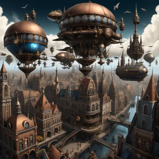 Prompt: depicting a sprawling, fantastical cityscape with a steampunk aesthetic. The layout is a wide panoramic view showcasing a dense array of intricately designed buildings with pointed spires, domes, and elaborate architectural details. The structures are predominantly dark with hints of blue and bronze, creating a moody atmosphere. In the sky, several airships float among the clouds, adding to the steampunk theme. The city is bathed in a soft, diffused light, suggesting either dawn or dusk, with a warm glow emanating from windows and streetlights. Smoke rises from chimneys, contributing to the industrial feel. The foreground features a large, ornate dome with intricate patterns, while the background reveals a vast city stretching into the distance, with towering buildings silhouetted against the sky. The overall scene is rich in detail, evoking a sense of wonder and adventure.