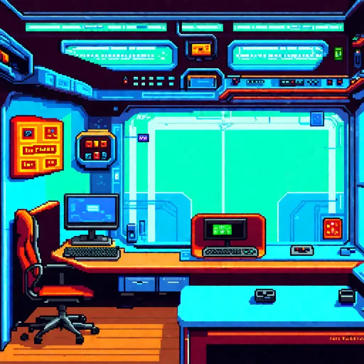 Prompt: asset of 2d platformer pixel game sprite sheets, galaxy station, a studio room for internet streamer and playing video games, futuristic sci-fi but peaceful cyberpunk background,