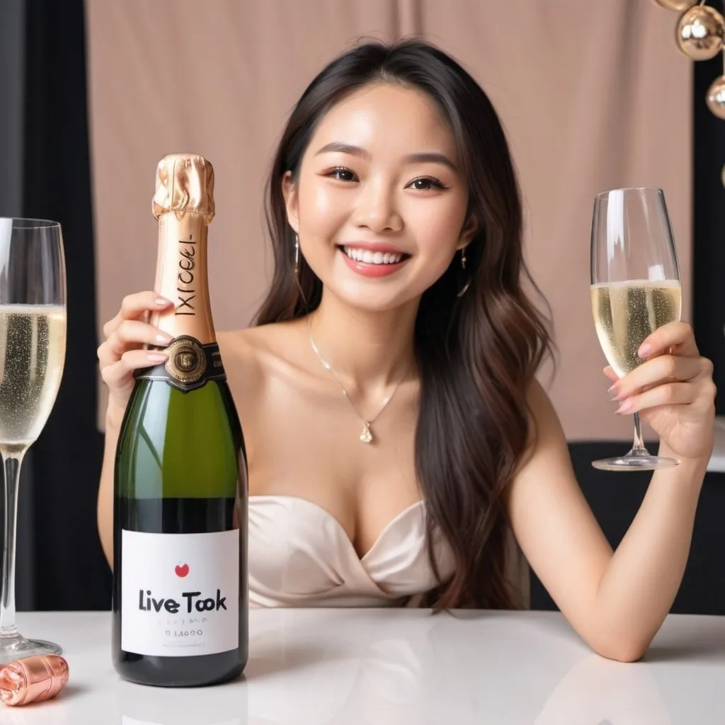 Prompt: an Asian female influencer on TikTok, livestreaming for a champagne, she is smiling and below are the comments wanting to purchase the product