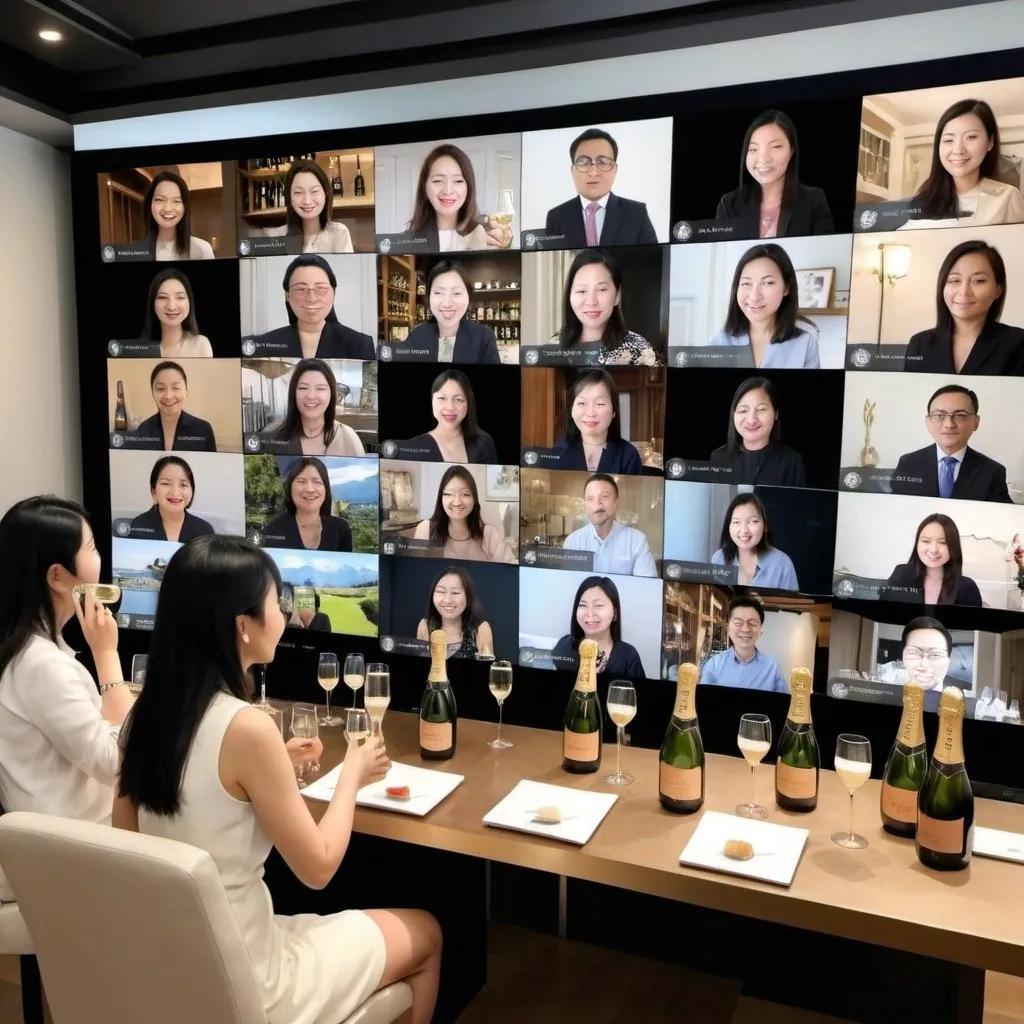 Prompt: Virtual champagne tasting event with many Asian guests attend 