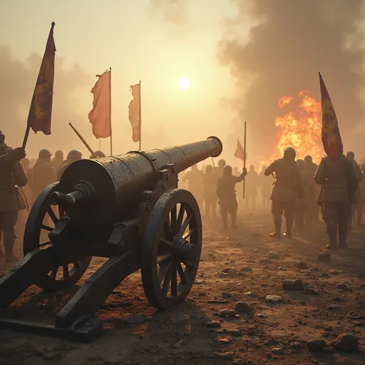 Prompt: 
make a picture that of the aftermath of a war that includes cannons scared humans torn banners and dust and explosions
