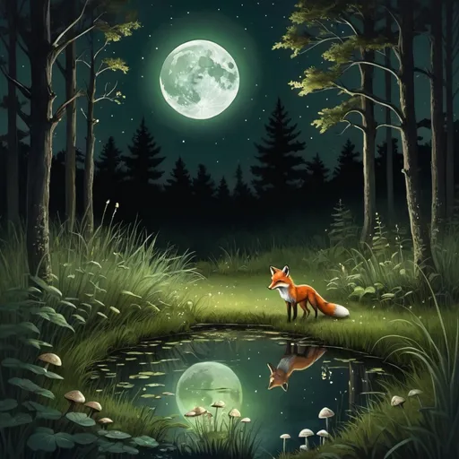 Prompt: Tall Dark Green Grass In A Forest Midnight With Some Mushrooms And The Glow Of The Moon And Shining Stars With A Reflection In A Small Pond with a fox den next to thw pond

