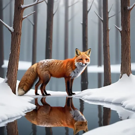 Prompt: A Realistic Digital Art red 
Fox Staring Into its Reflection in the water in a snowy forest