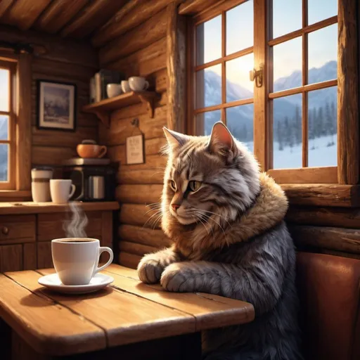 Prompt: Digital cat sipping coffee, hunched down, cabin interior, window view, cozy atmosphere, coffee mug, warm lighting, detailed fur, high quality, digital art, cozy, indoor scene, relaxed, warm tones, coffee break, cute, professional