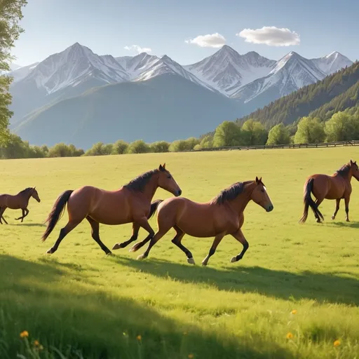 Prompt: a grassy field with mountains in the background on a sunny day, with horses prancing in the field