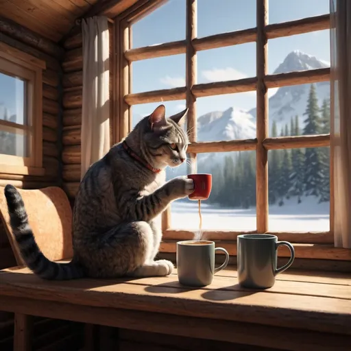 Prompt: A  Digital Cat Hunched down sipping coffee out of a mug in front of a window inside of a cabin
