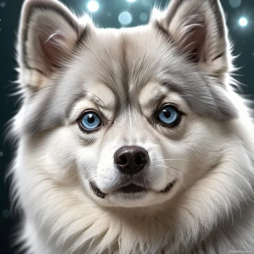 Prompt: Highly detailed digital art of a medium-sized Pomeranian Husky mix, cool-toned color palette, sparkling silver details, intricate fur with cool reflections, piercing silver eyes, realistic digital rendering, professional quality, cool tones, detailed fur, medium size, sparkling silver details, silver eyes, realistic digital rendering, professional, detailed eyes, cool reflections