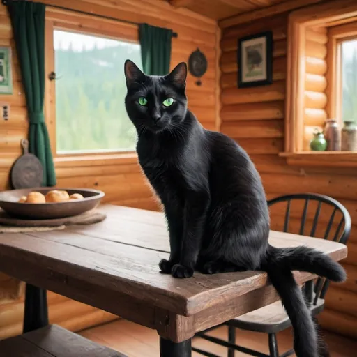 Prompt: a black cat sitting on a table with green eyes in a cozy cabin
